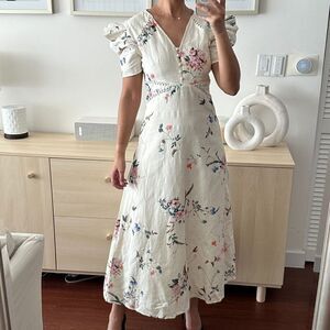 Anna Cate Elise Midi Dress Womens XS Linen Blend Floral Cottage Puff Sleeve Boho